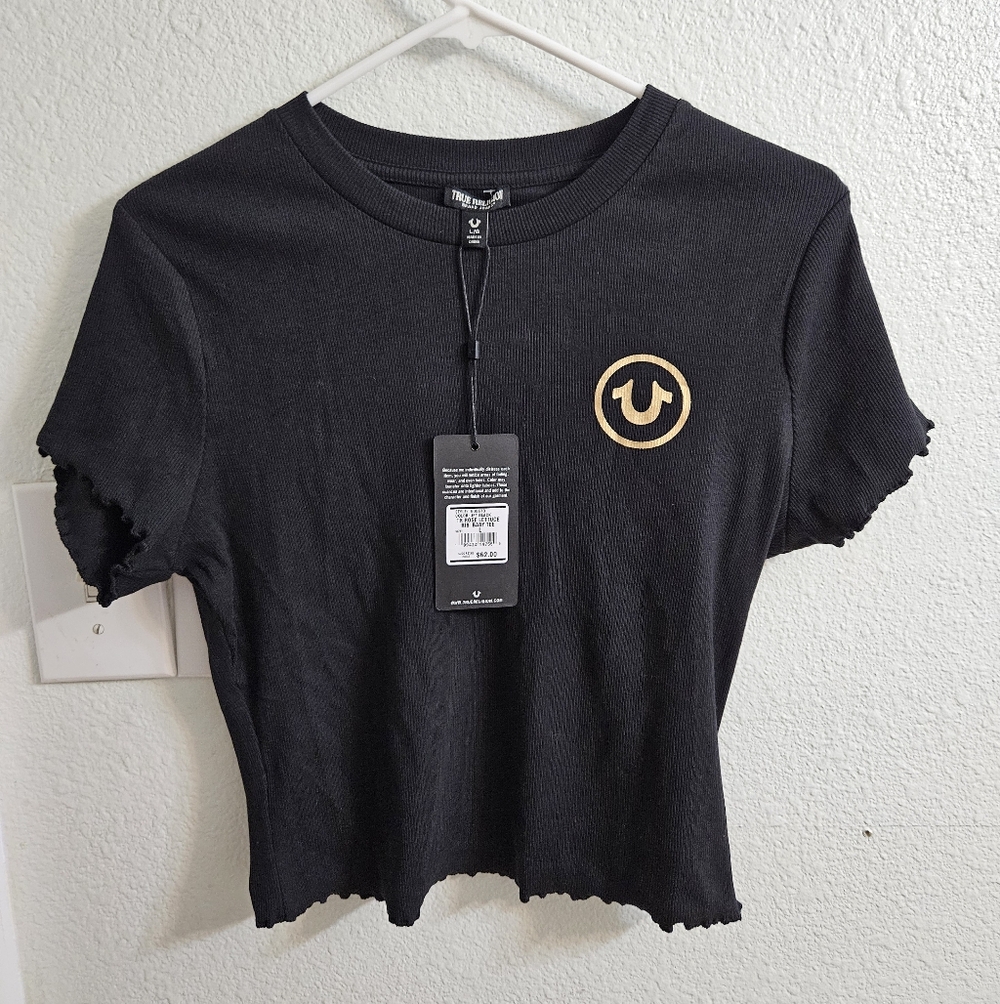 True Religion Rose Logo Lettuce Hem Ribbed Baby Tee